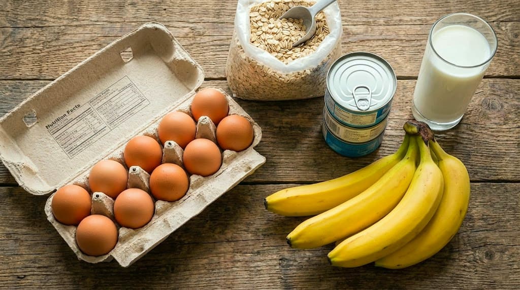 Panier de courses économique musculation : œufs, avoine, lentilles, riz, thon en boîte
