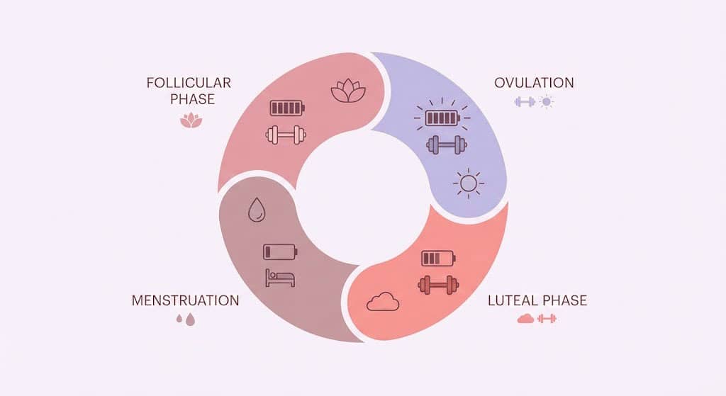 Infographie expliquant comment adapter son programme de musculation aux phases du cycle menstruel (folliculaire et lutéale)