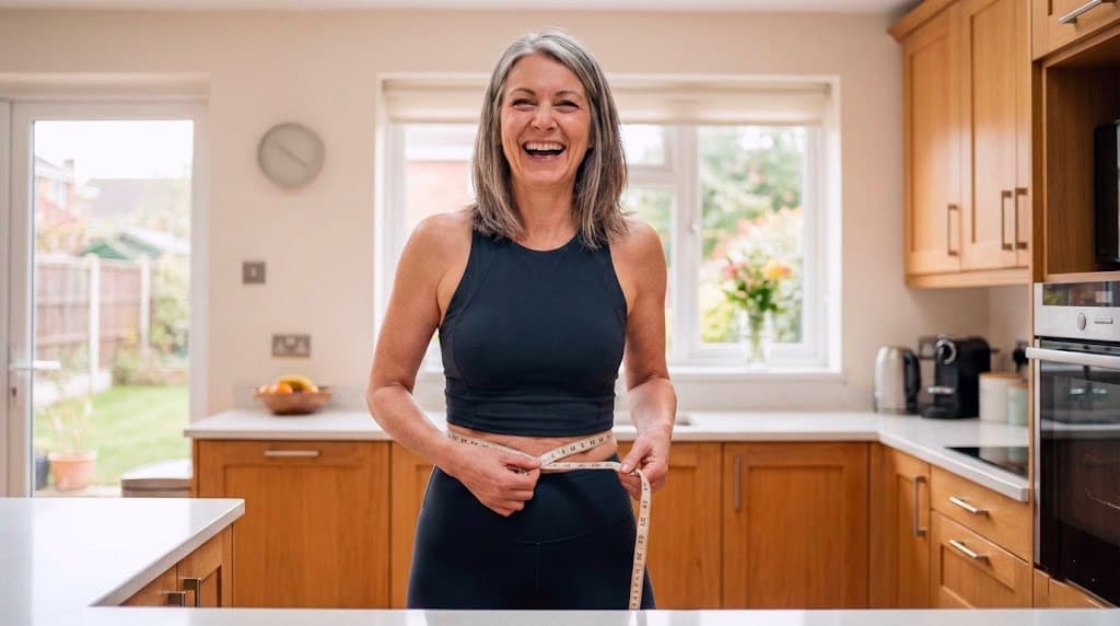 Femme de 50 ans en forme mesurant son tour de taille — périménopause et ventre gonflé