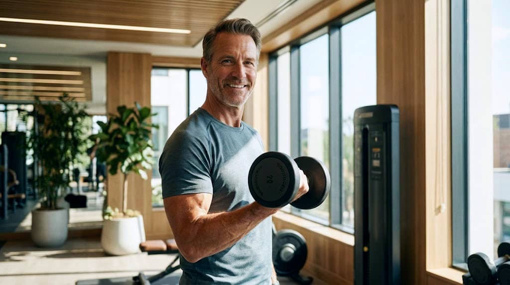 Homme de 50 ans en forme pratiquant la musculation naturelle pour lutter contre la sarcopénie et la perte de muscle liée à l'âge