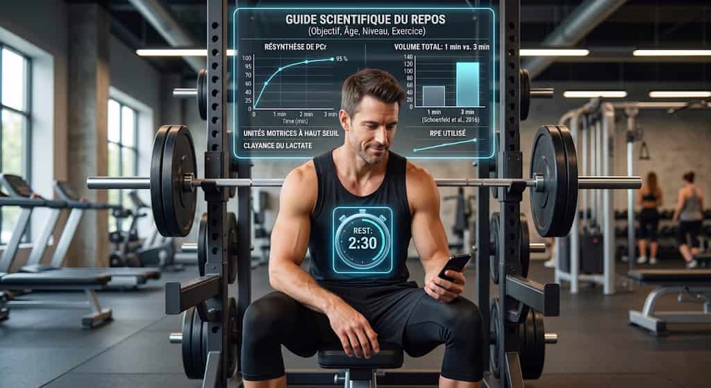 Illustration : Temps de repos en musculation : le guide scientifique complet (objectif, âge, niveau, exercice)
