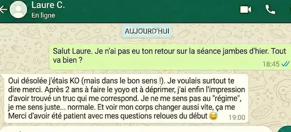 Message WhatsApp Laure C. — résultats après 2 ans de yo-yo