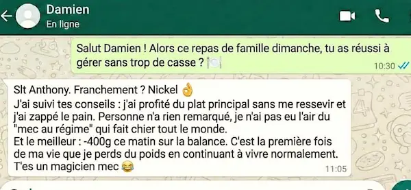 Message WhatsApp Damien — repas de famille sans frustration
