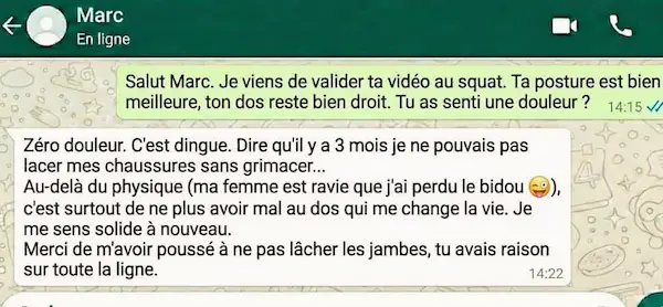 Message WhatsApp Marc — douleurs disparues, dos et genoux