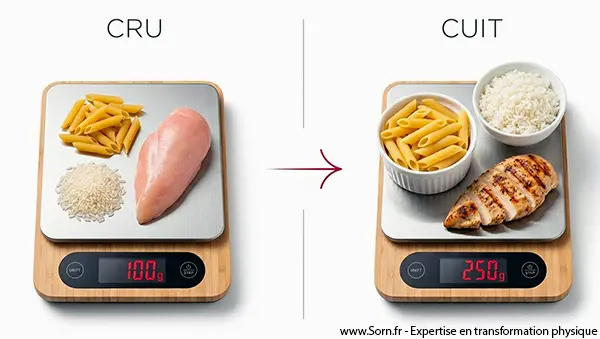 Infographie : Convertisseur cru cuit : riz, pâtes & viande