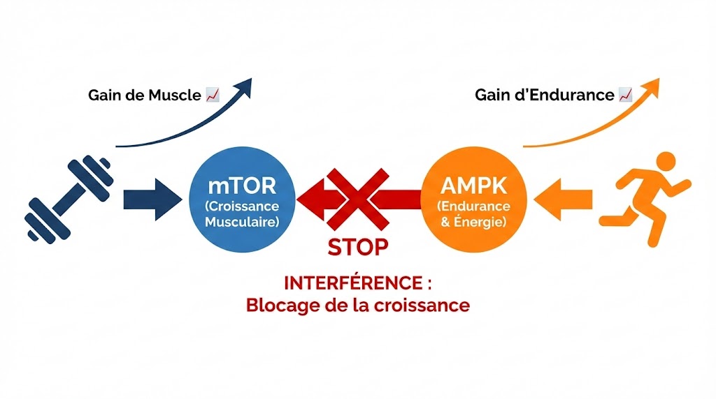Schéma scientifique montrant l'effet d'interférence : l'activation de l'AMPK par le running bloque la voie mTOR de la croissance musculaire.